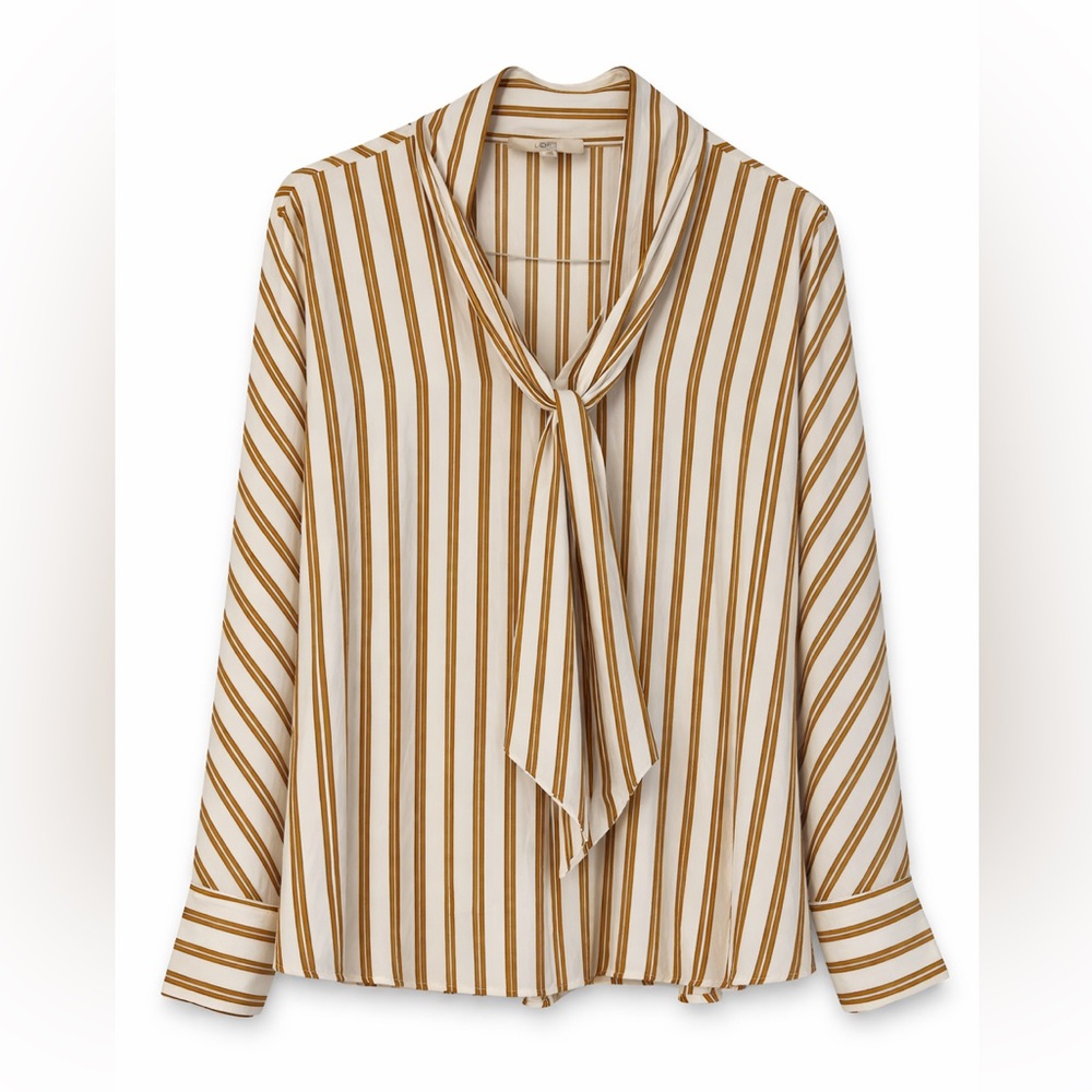 LOFT Striped Blouse Neck Tie White Mustard Long Sleeve Top Women’s Large NWOT